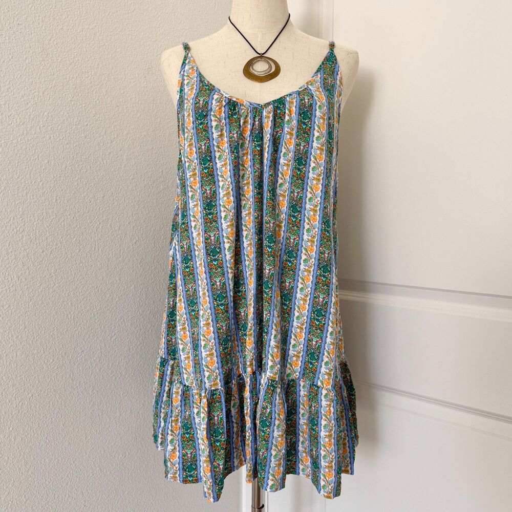 Jessica Simpson Floral Stripe Scoop Neck Ruffled Hem Boho Coastal Swing Dress M